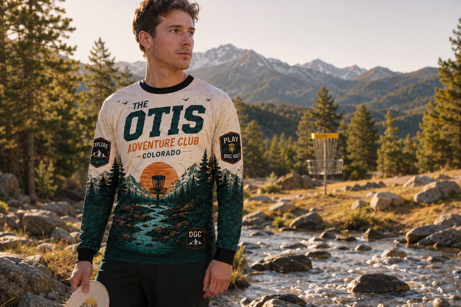 Disc golfer wearing The Otis limited long-sleeve jersey beside a mountain stream and basket