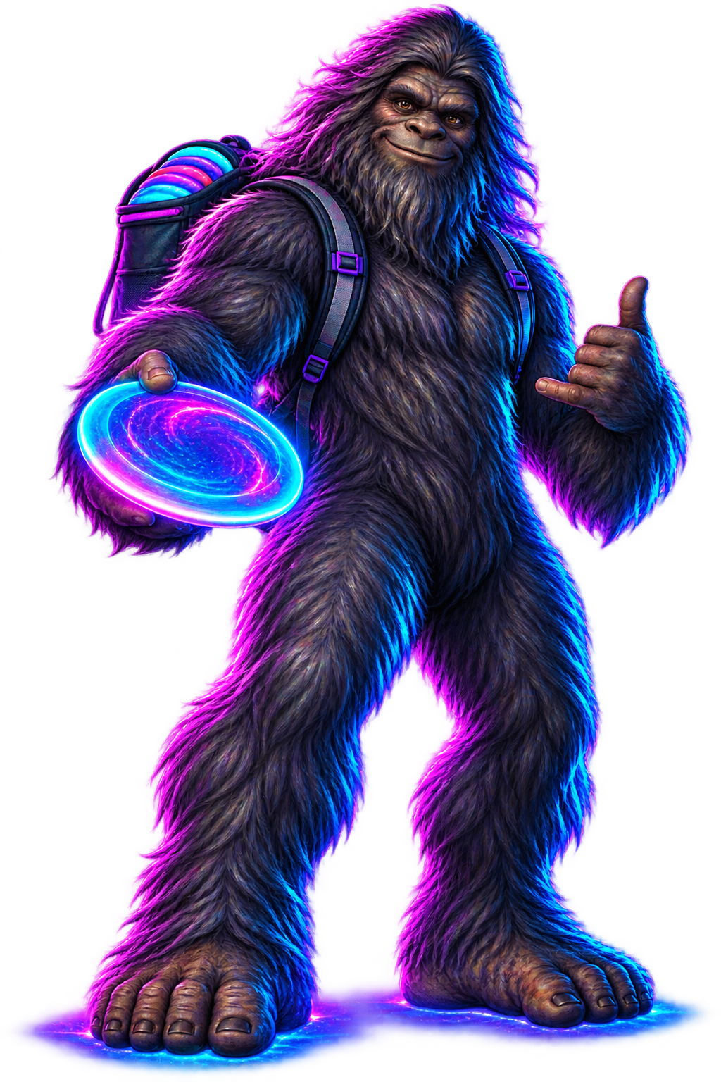 Neon Sasquatch holding a glowing disc