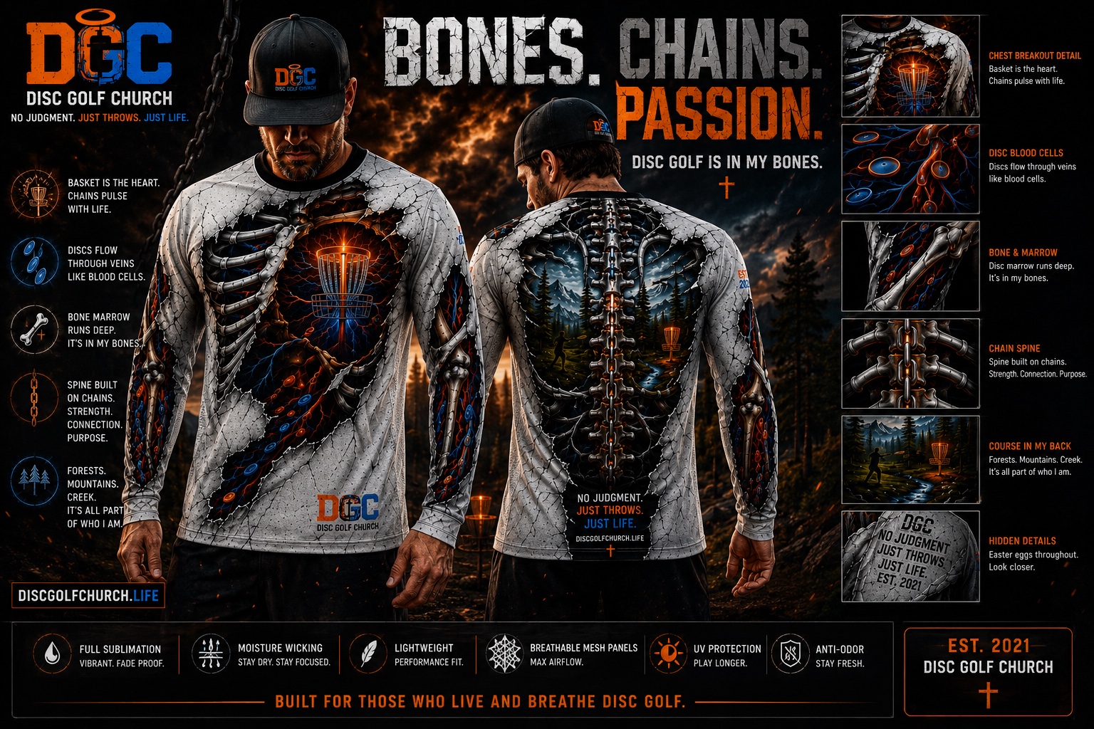 Bones, Chains & Passion limited-run Disc Golf Church long-sleeve jersey