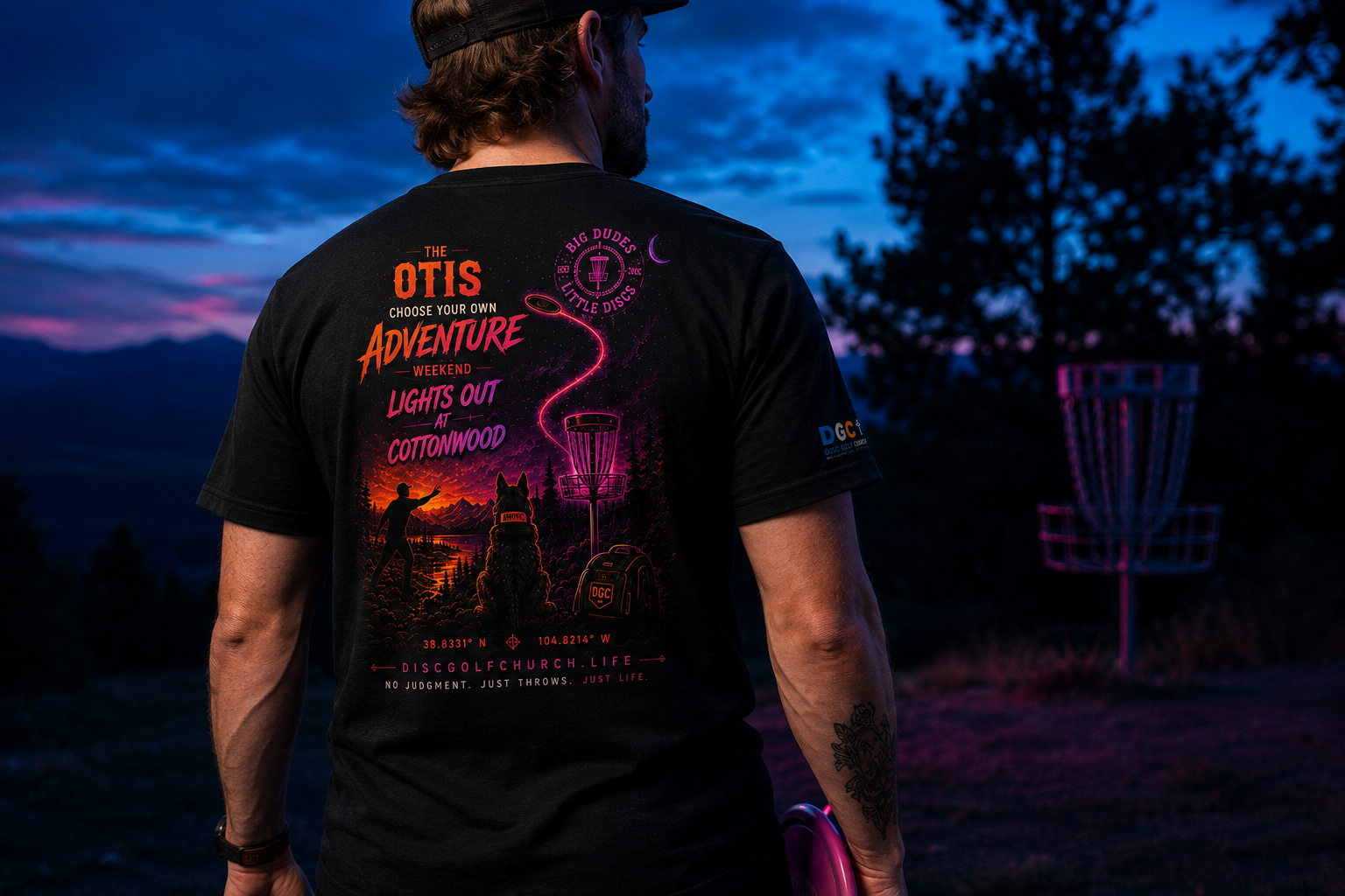 Lights Out Adventure Club event shirt worn on a glow disc golf course
