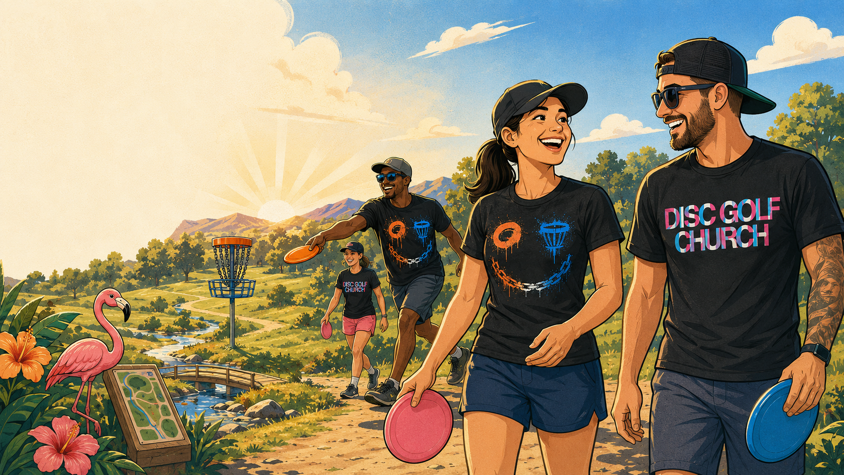 Monday Morning Mercy players enjoying a relaxed sunrise round at Cottonwood Creek in Disc Golf Church jerseys