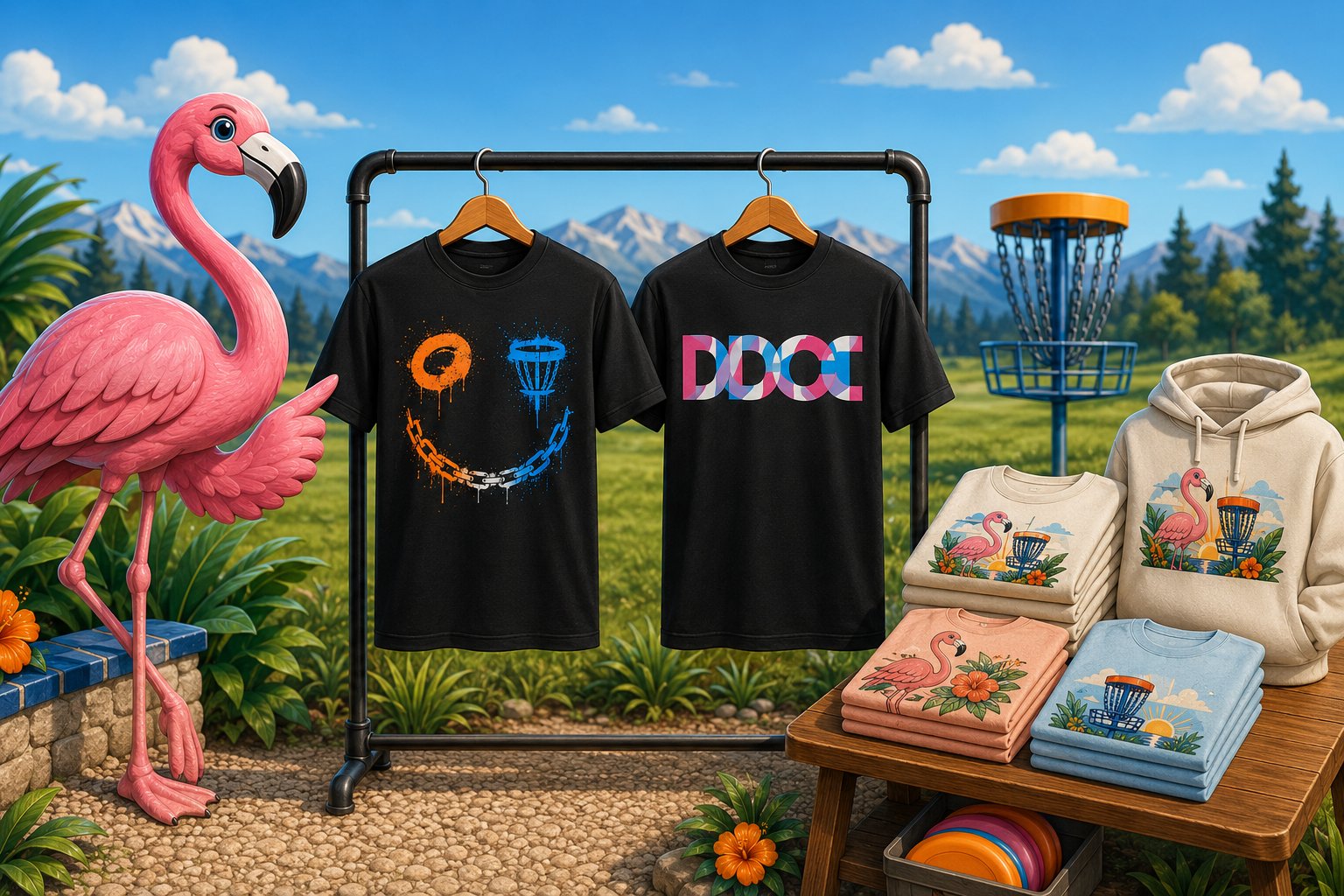 Flamingo & Friends course-side apparel display with Disc Golf Church performance jerseys