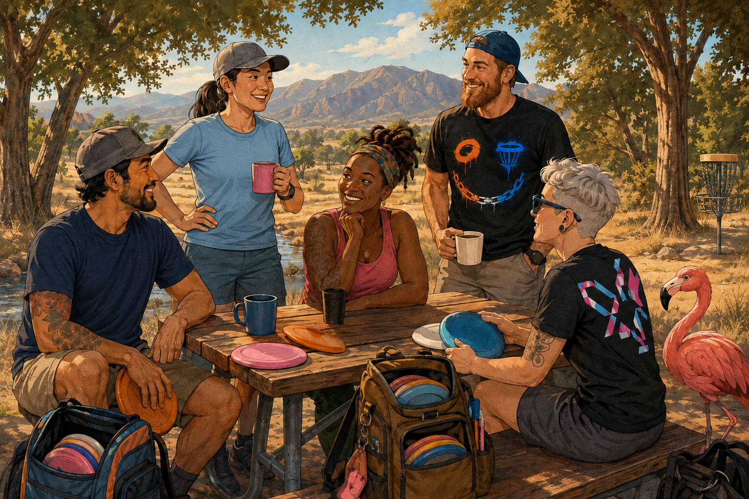 Monday Morning Mercy players sharing coffee and honest conversation after a casual disc golf round