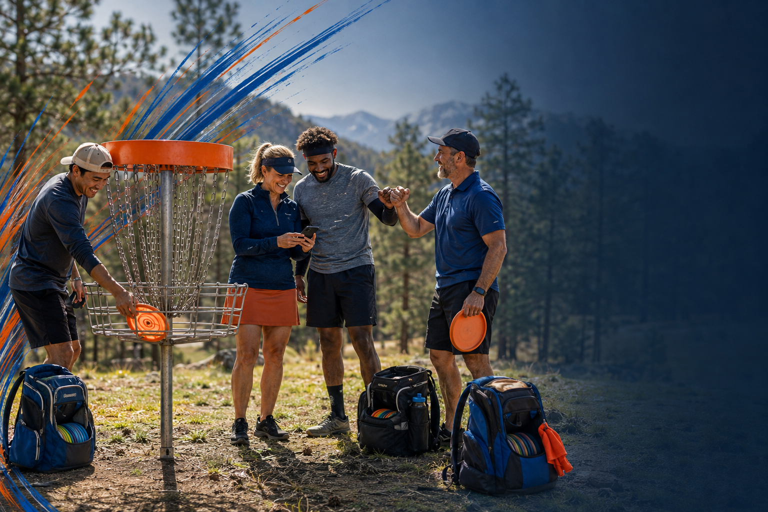 A mixed group of disc golfers celebrating together beside the basket
