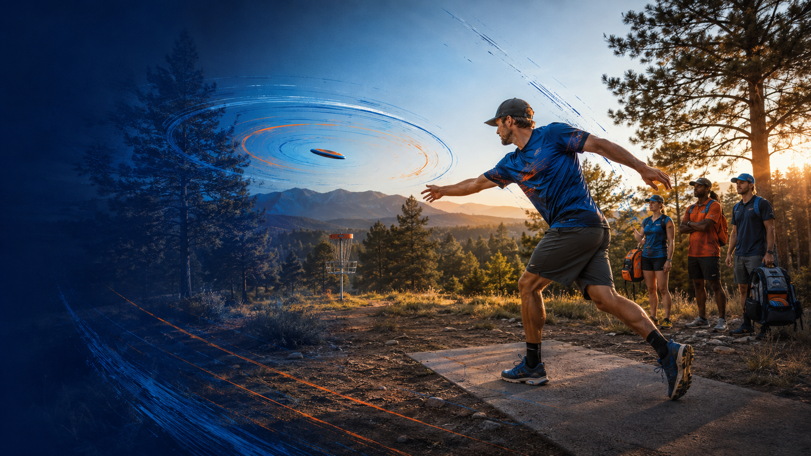 Sunday Singles presented by On Target Disc Golf with a player driving toward a mountain basket