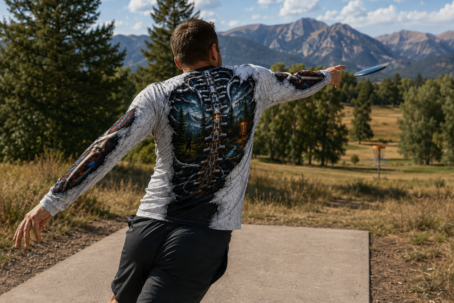 Disc golfer driving from a tee pad while wearing the back of the Bones, Chains & Passion jersey