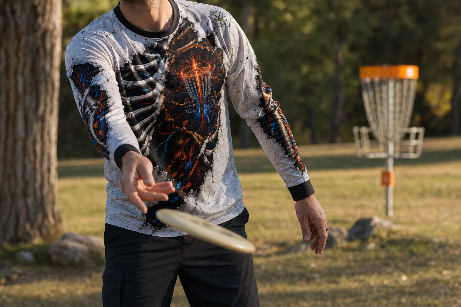Disc golfer putting while wearing the front of the Bones, Chains & Passion jersey